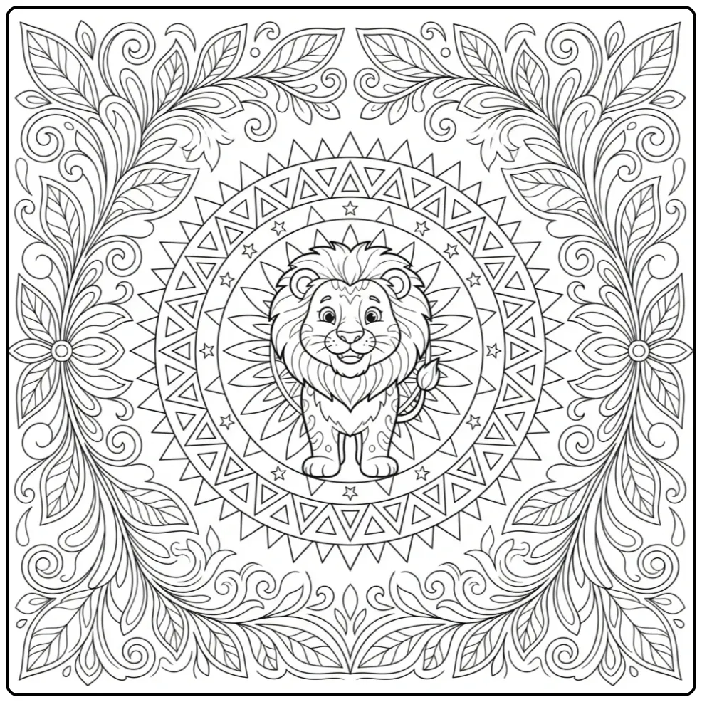Cute mandala lion coloring page with stars and leaves