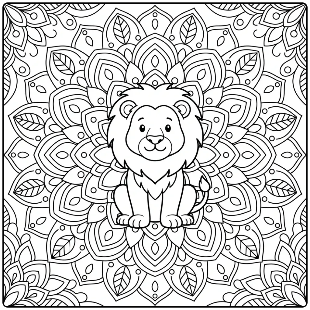 Symmetrical mandala lion coloring page with flower motifs