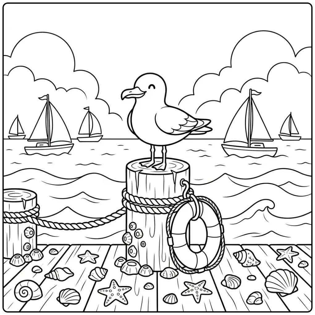 Cute seagull coloring page on a wooden pier with shells