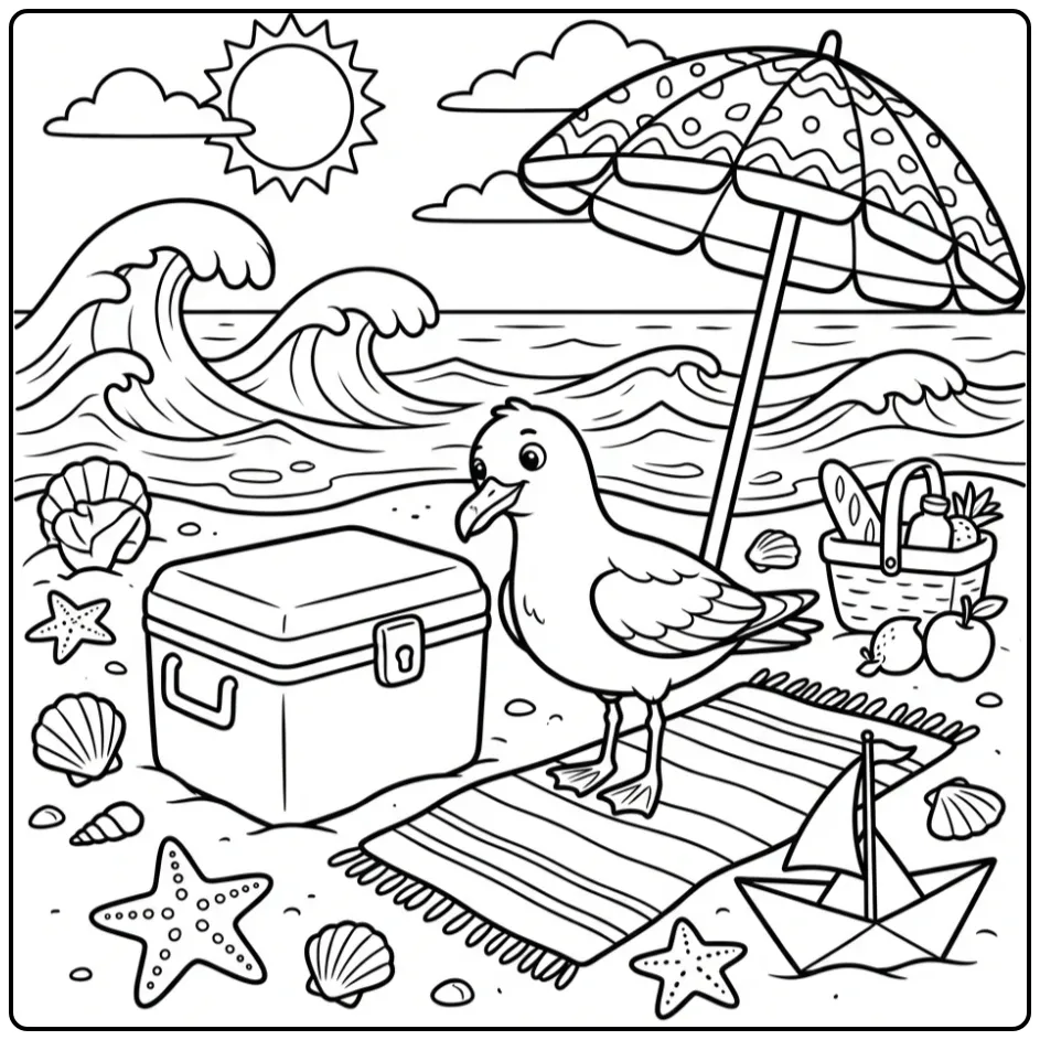 Cute seagull coloring page on the beach by a cooler