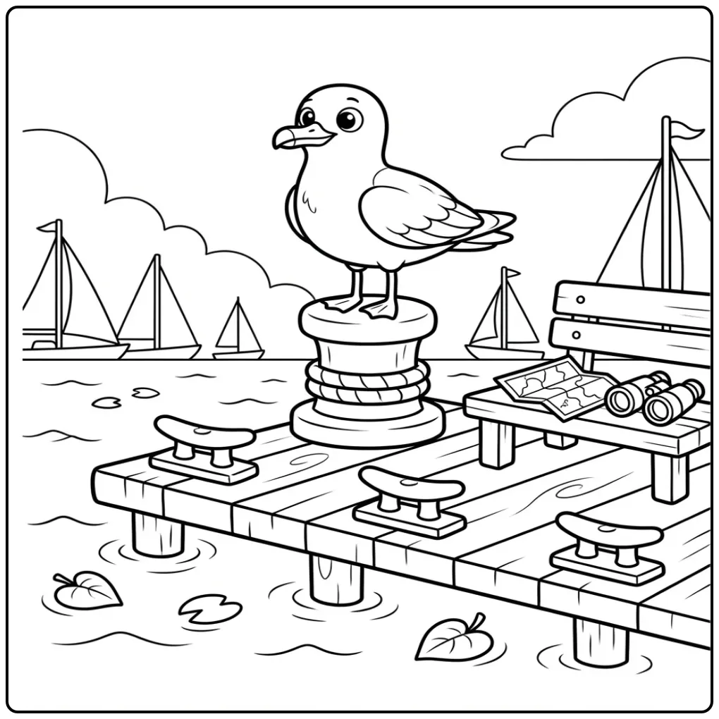 Cute seagull coloring page sitting on a mooring post