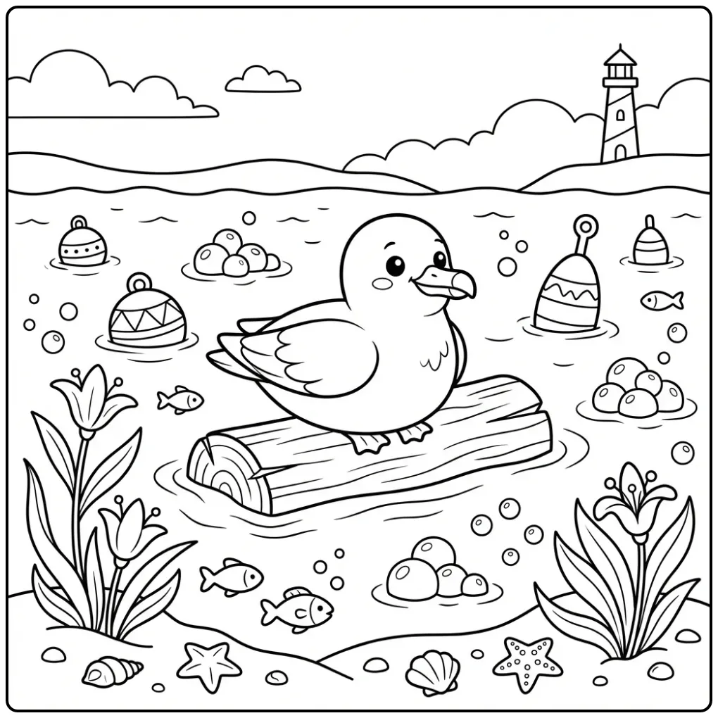 Cute seagull coloring page on a floating log