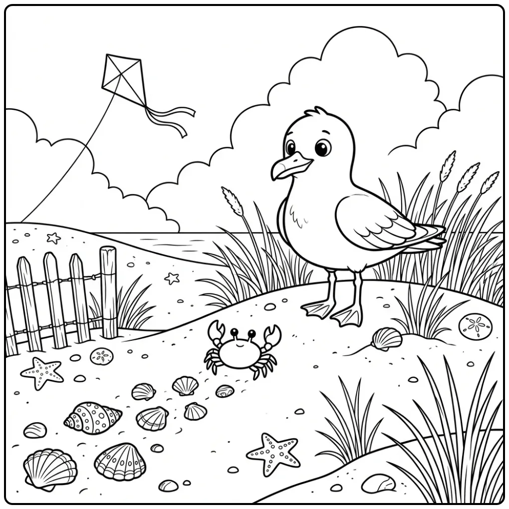 Cute seagull coloring page looking at a small crab