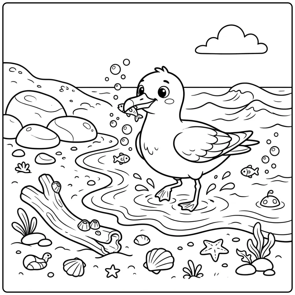Cute seagull coloring page wading in water with fish