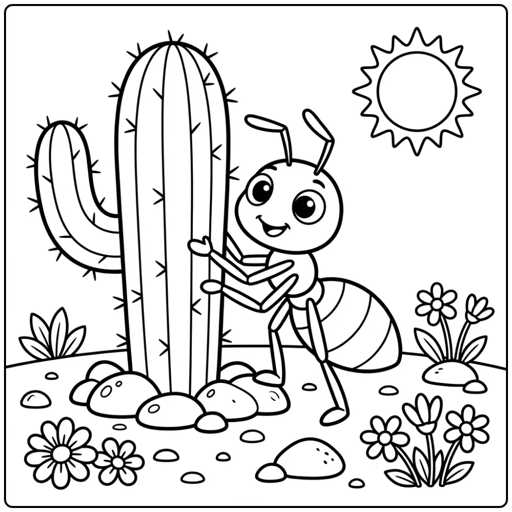 Ant coloring page showing an ant on a cactus
