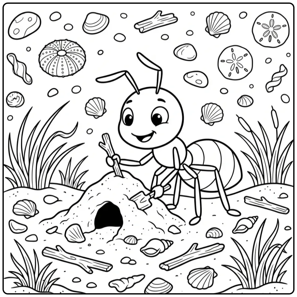 Ant coloring page featuring an ant on a sandy mound