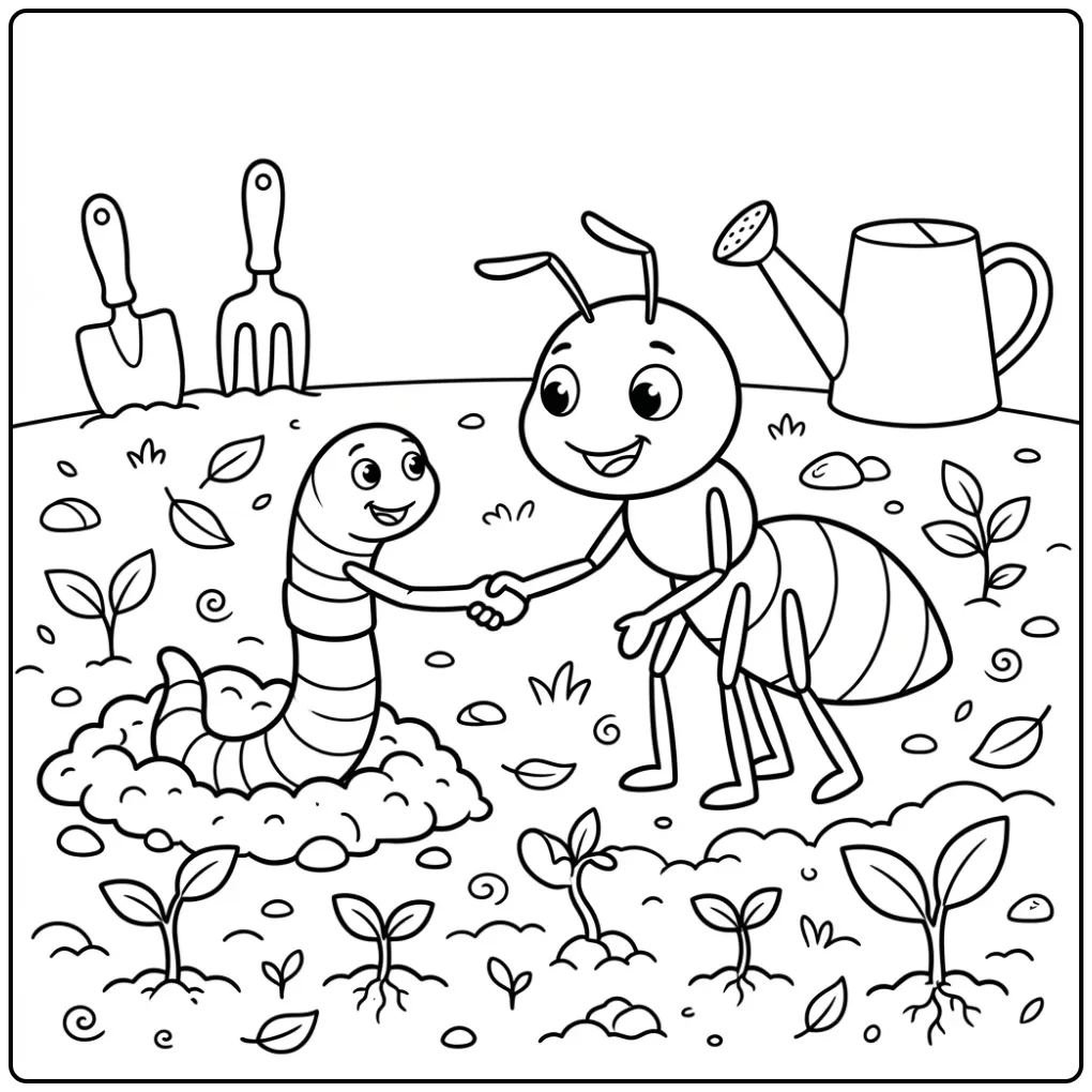 Ant coloring page showing an ant with a worm friend