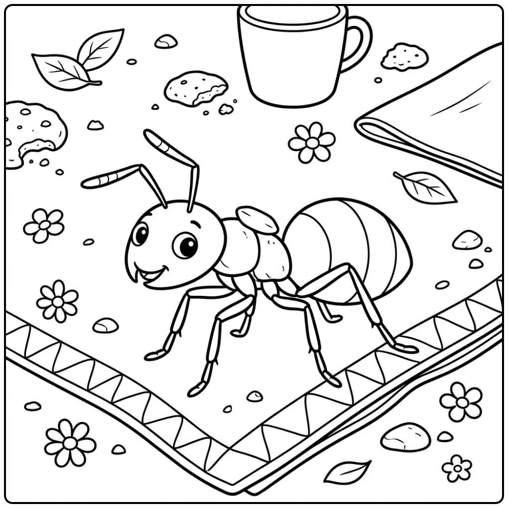 Ant coloring page showing an ant carrying rice at a picnic