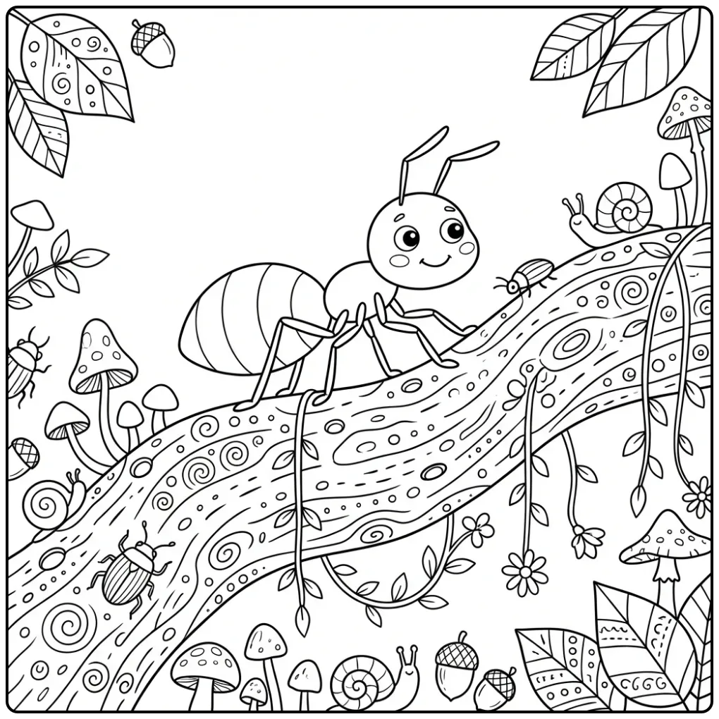 Ant coloring page featuring an ant on a tree root
