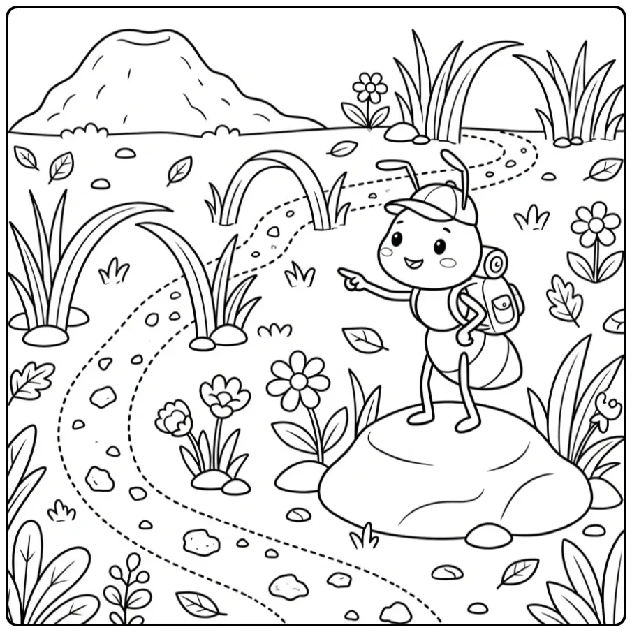 Ant coloring page showing an ant scout on a rock
