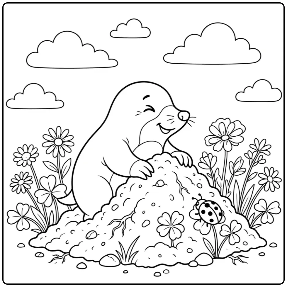 Cute mole coloring page crawling from a mound in a meadow