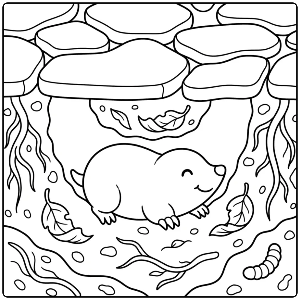 Cute mole coloring page under a stone path in the soil