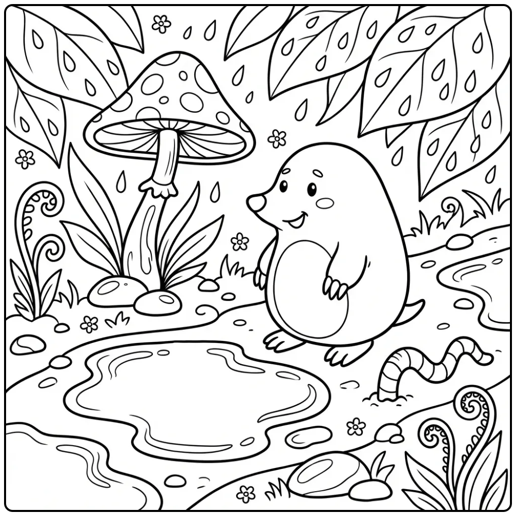 Cute mole coloring page by a puddle after rain