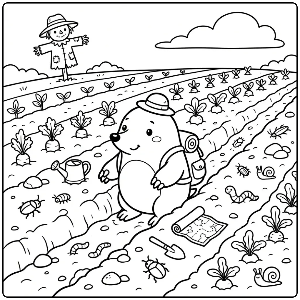 Cute mole coloring page among young plants and stones