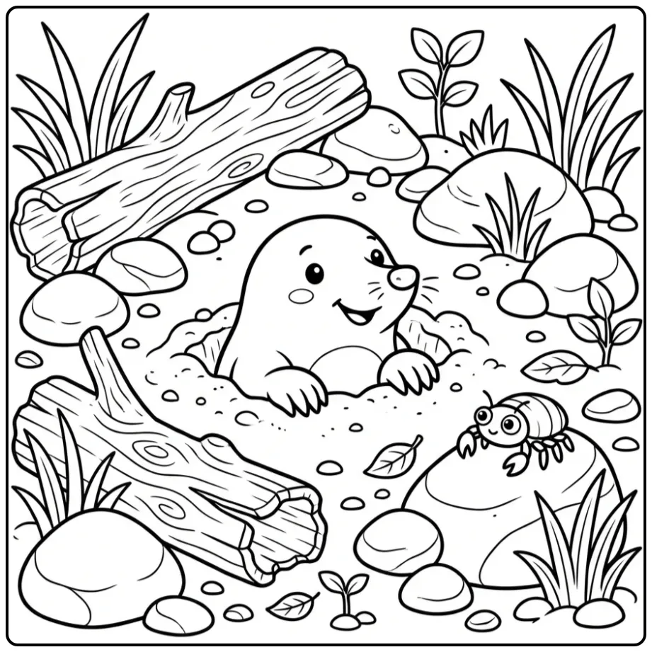 Cute mole coloring page on a riverbank with driftwood