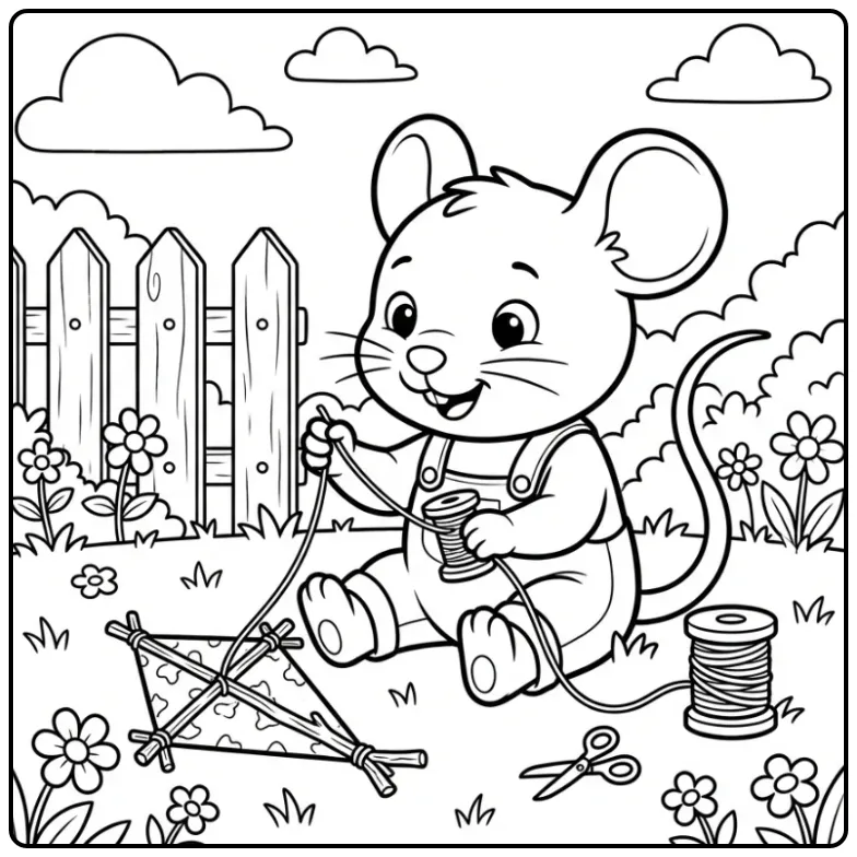 Cheerful Mouse Making a Kite coloring page