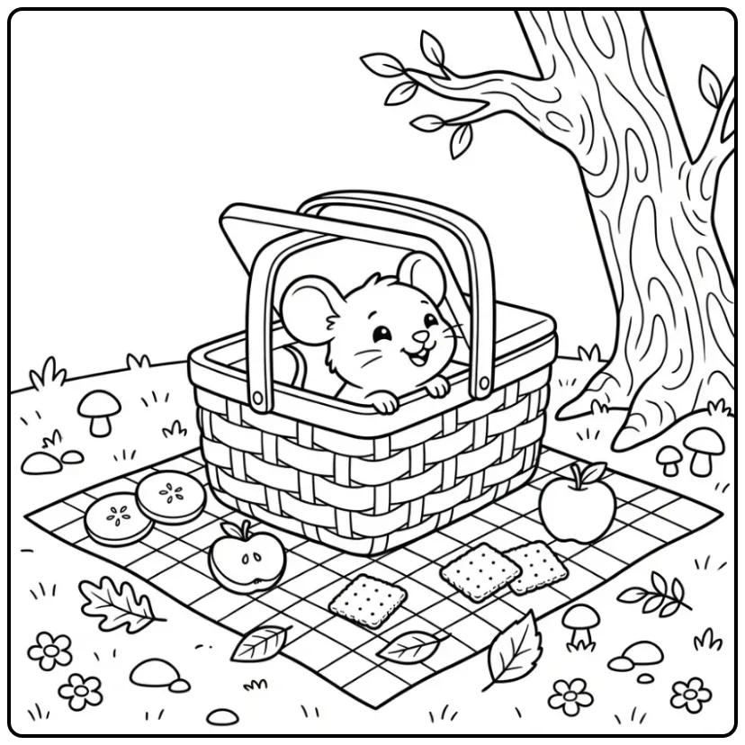 Cheerful Mouse with Picnic Basket and Tasty Snacks coloring page