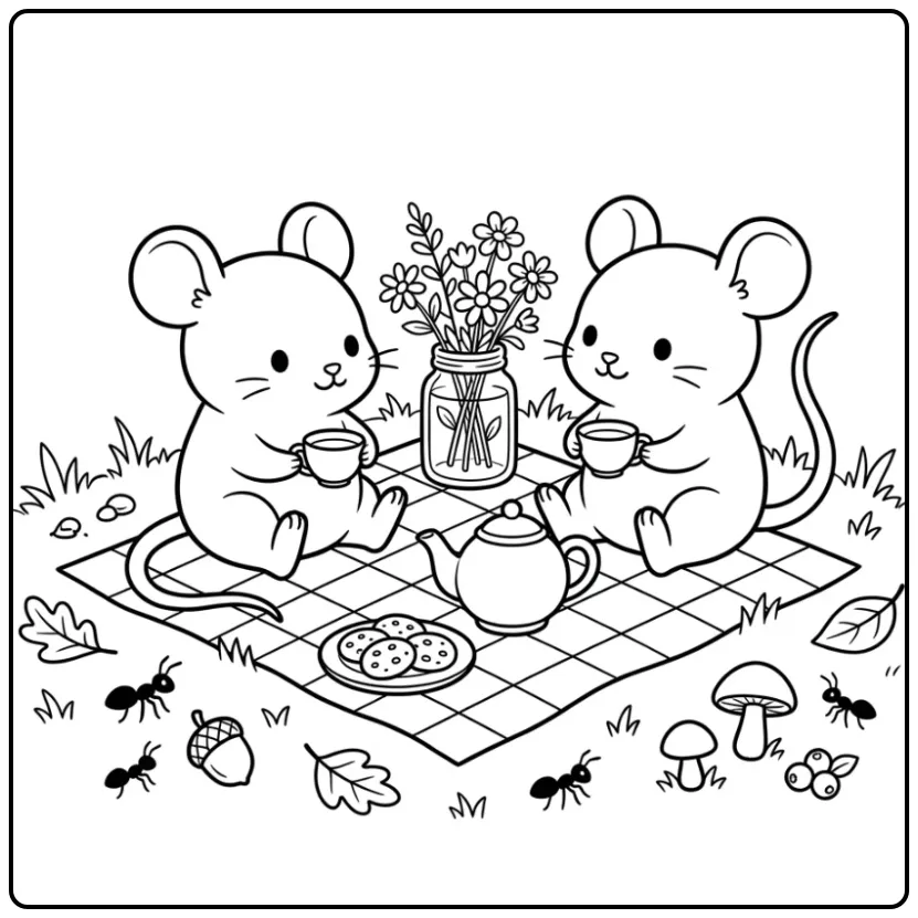 Cheerful Mouse with a Friend at a Tea Party coloring page