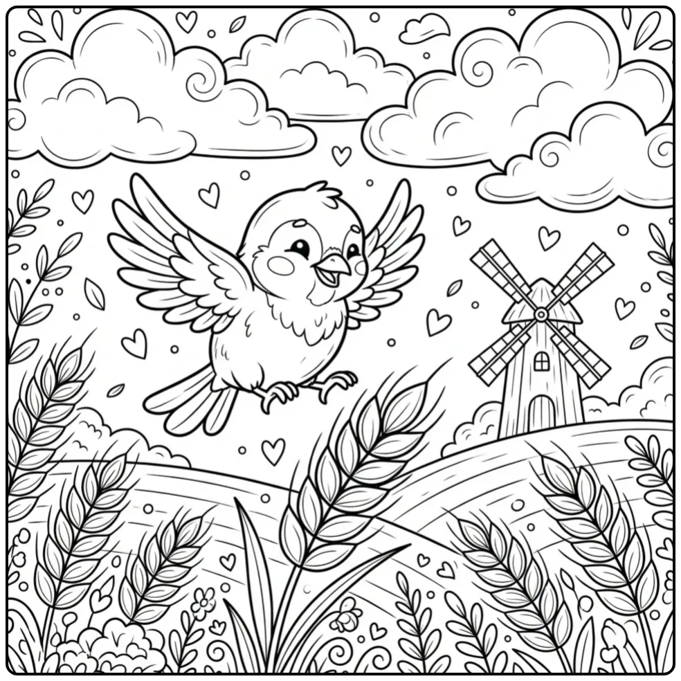 Cheerful Sparrow Landing on a Grain Stalk with Windmill coloring page