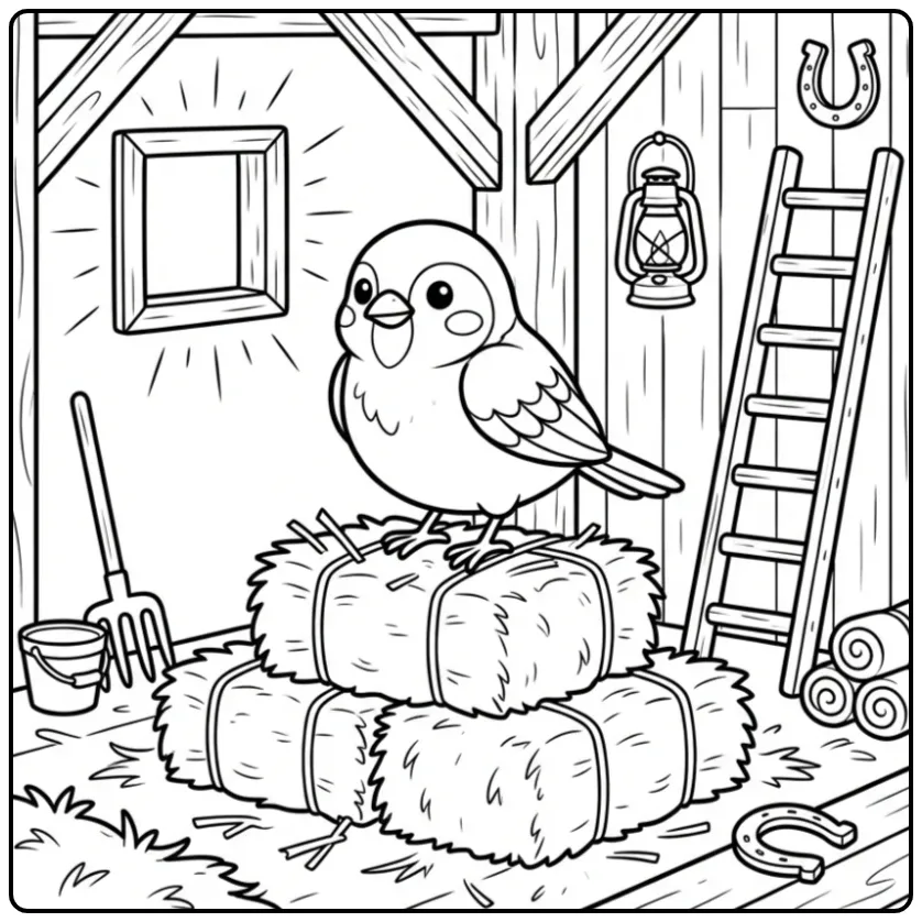 Cheerful Sparrow Sitting on a Hay Stack coloring page