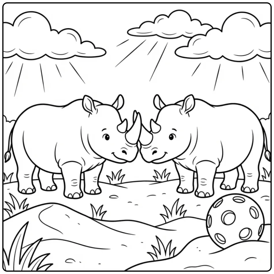Rhino coloring page showing two rhinos greeting each other