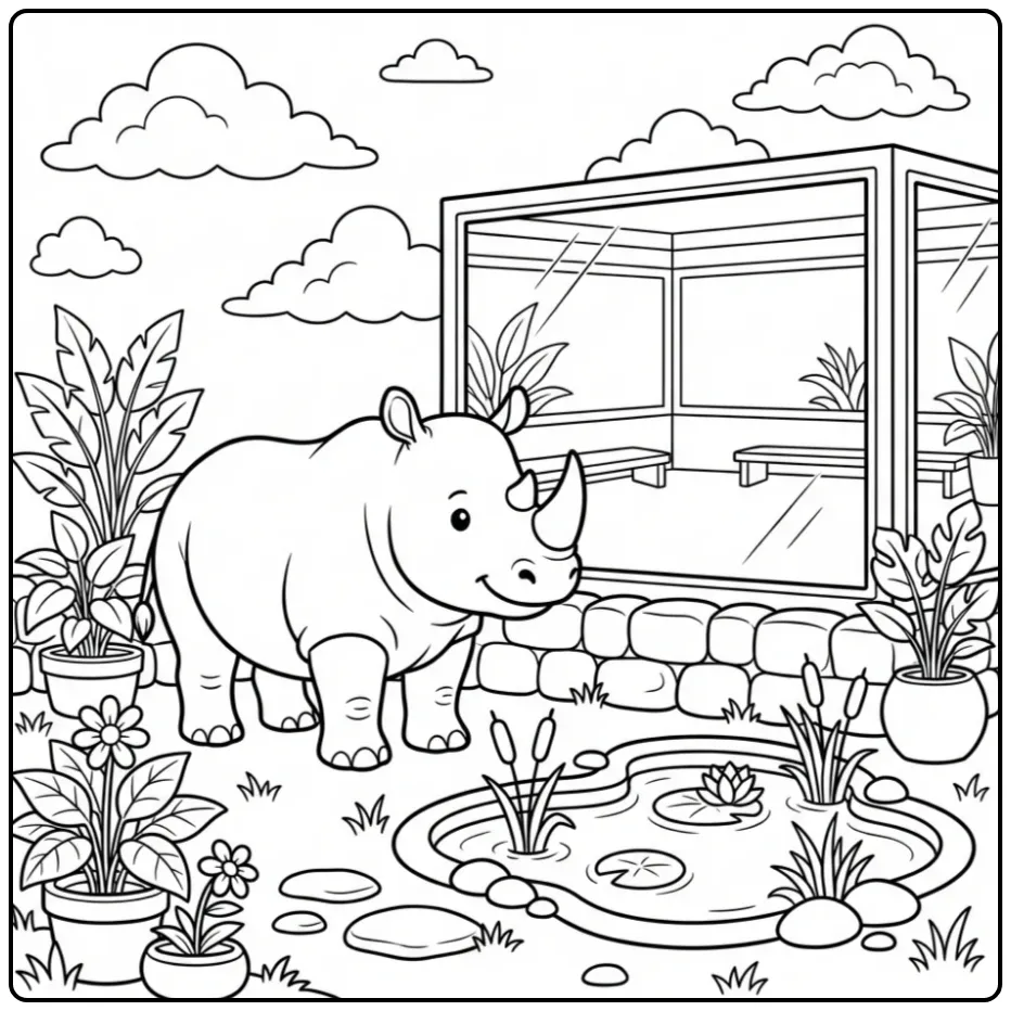 Rhino coloring page showing a rhino by the water