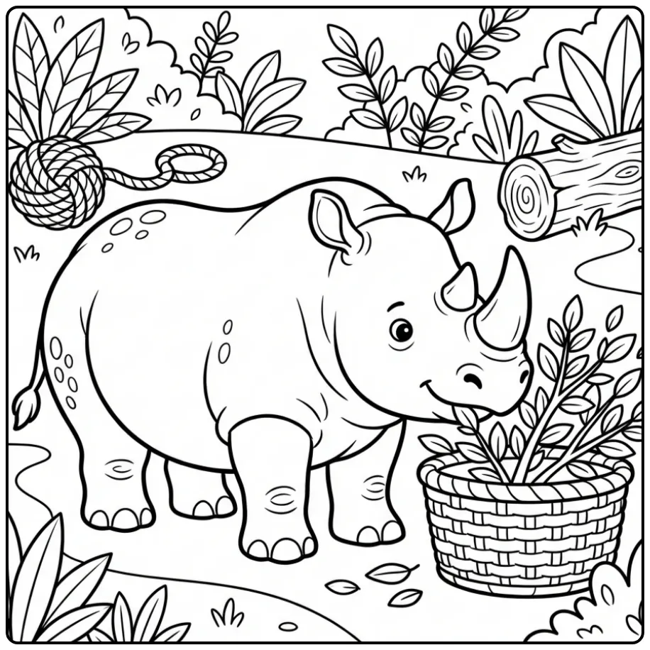 Rhino coloring page featuring a rhino eating leaves