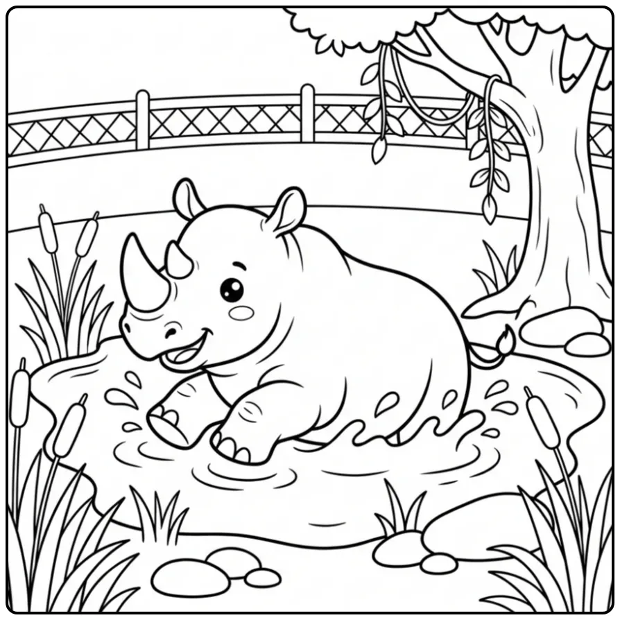 Rhino coloring page showing a rhino in the mud
