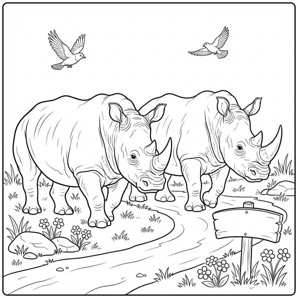 Rhino coloring page featuring two rhinos on a path