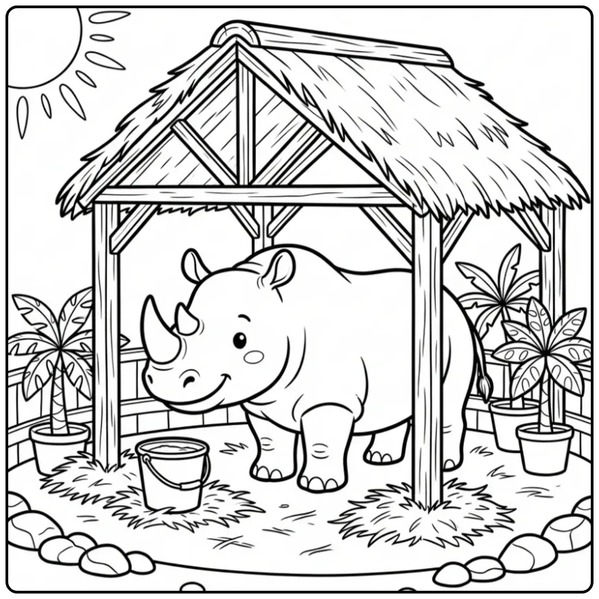 Rhino coloring page featuring a rhino under shelter