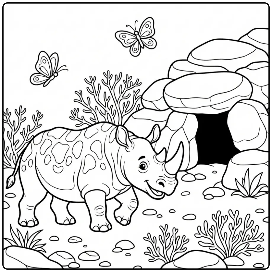 Rhino coloring page showing a rhino walking by rocks