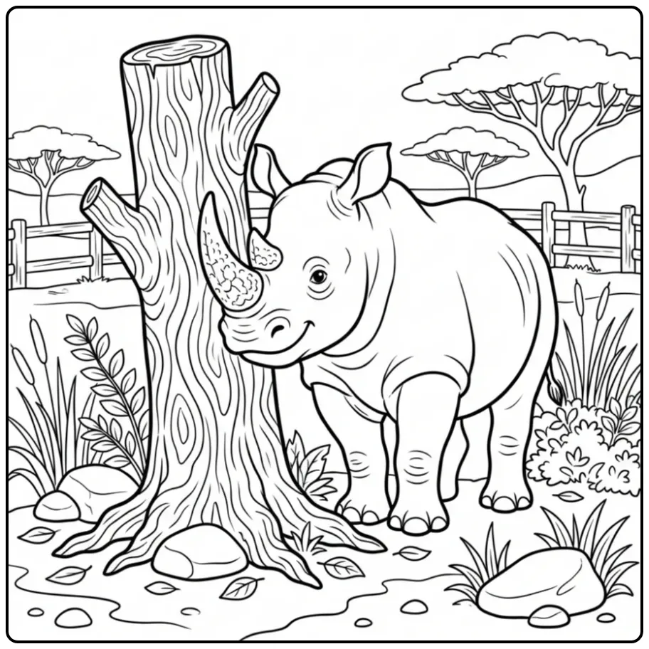 Rhino coloring page featuring a rhino scratching a post