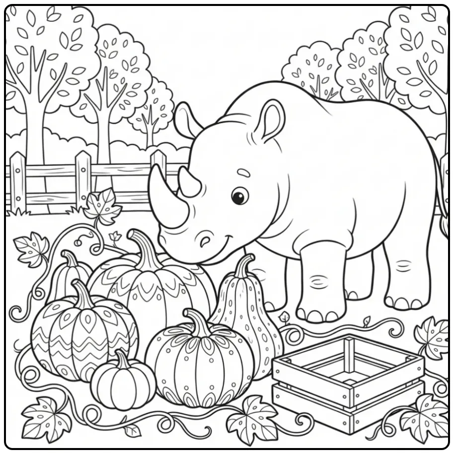 Rhino coloring page featuring a rhino with pumpkins