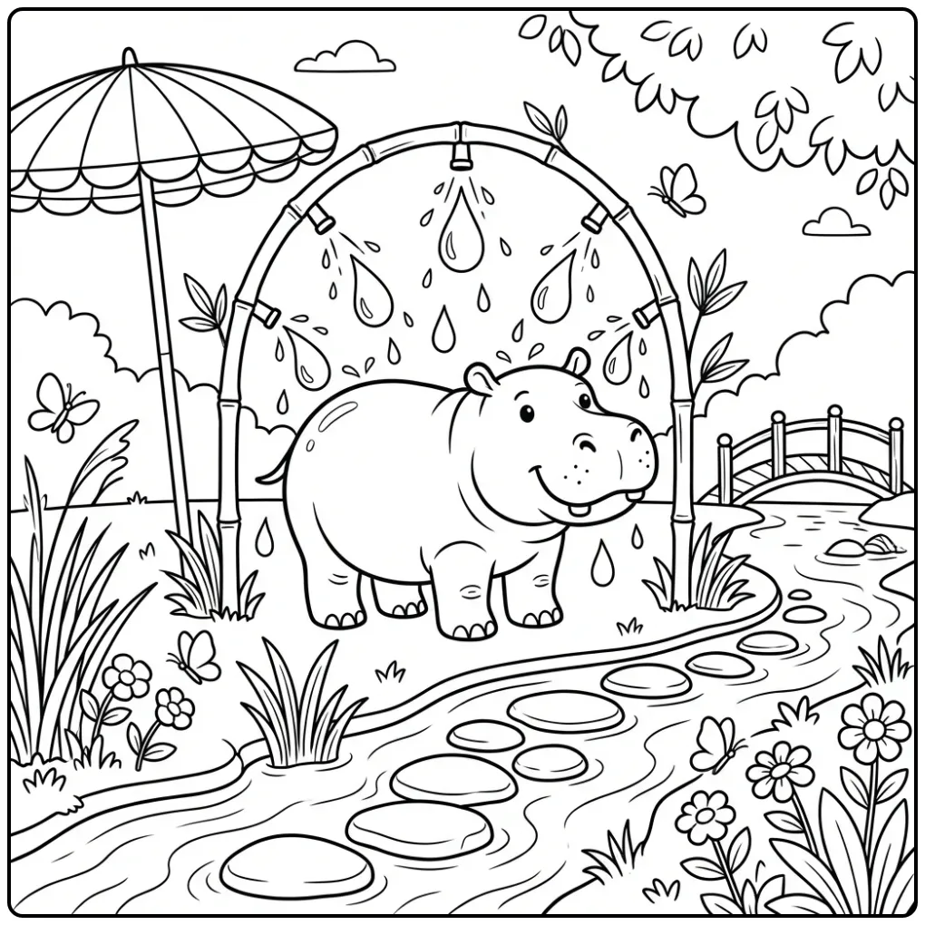 Hippo coloring page featuring a hippo under a sprinkler