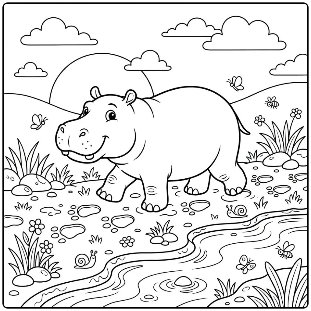Hippo coloring page featuring a hippo walking by water