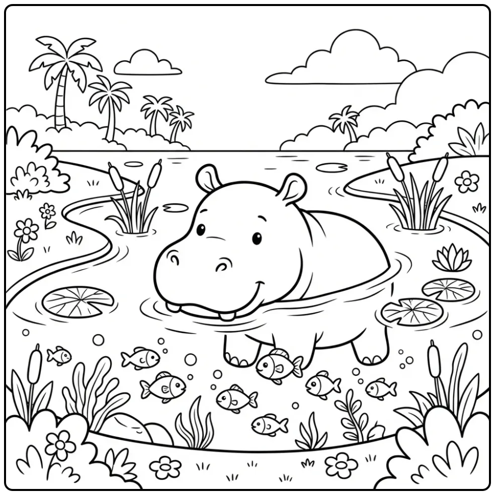 Hippo coloring page featuring a hippo in a lagoon