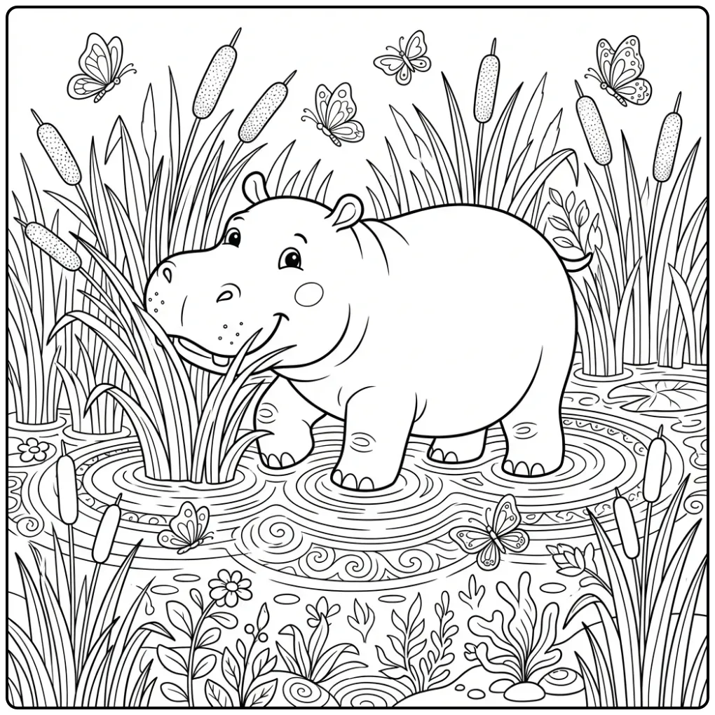 Hippo coloring page featuring a hippo in the marsh