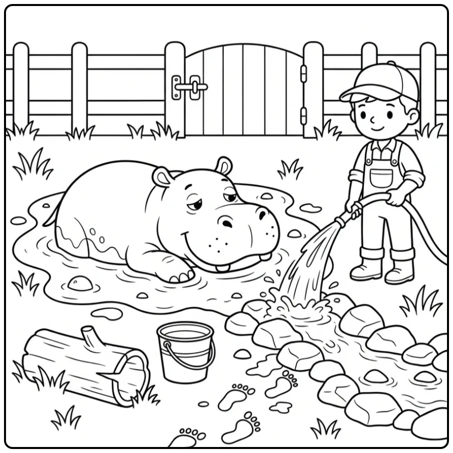 Hippo coloring page featuring a hippo in mud