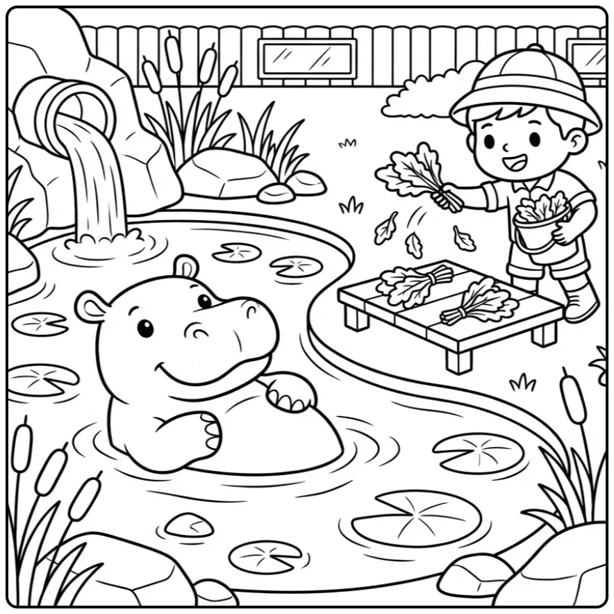 Hippo coloring page featuring a hippo with a caretaker