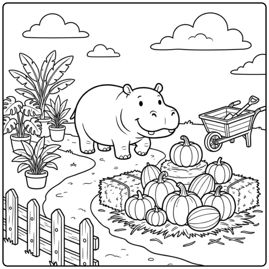 Hippo coloring page showing a hippo with fruit