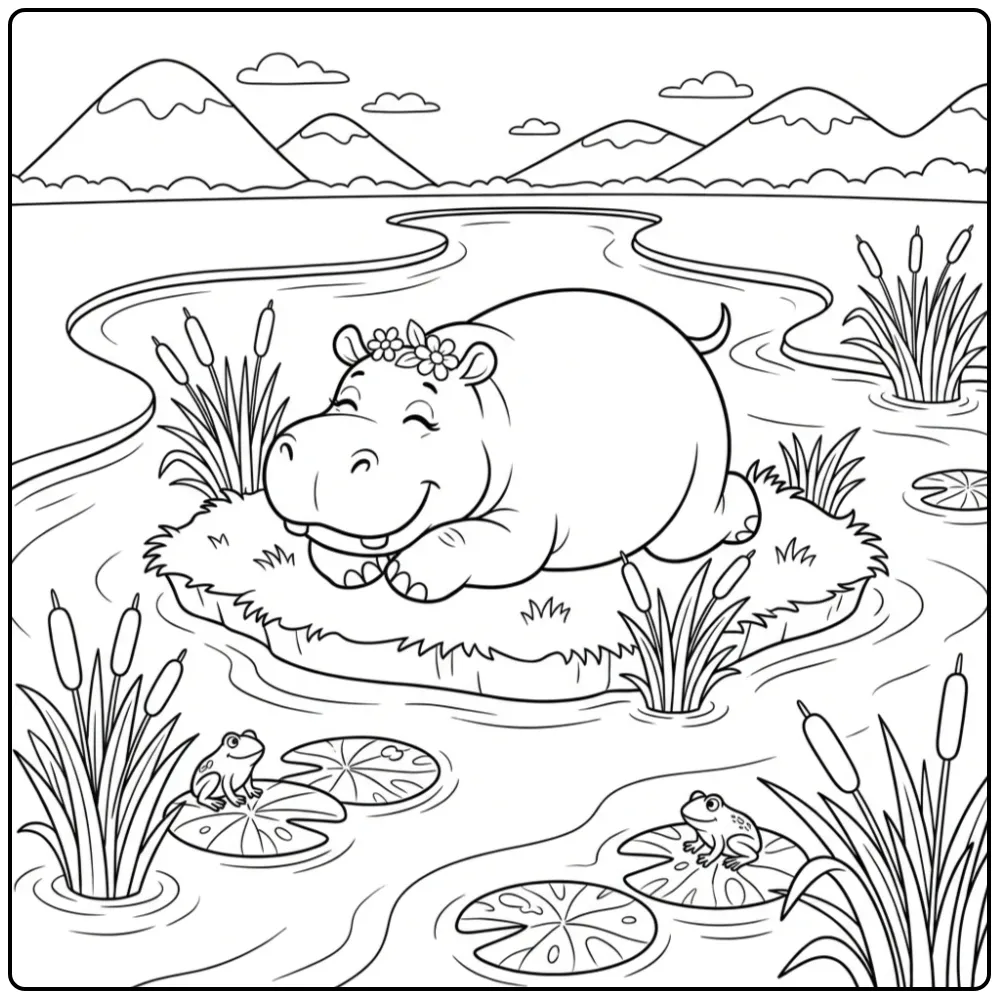 Hippo coloring page showing a resting hippo on an island