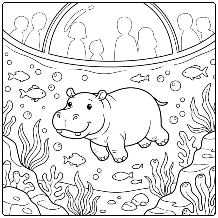 Hippo coloring page showing an underwater hippo