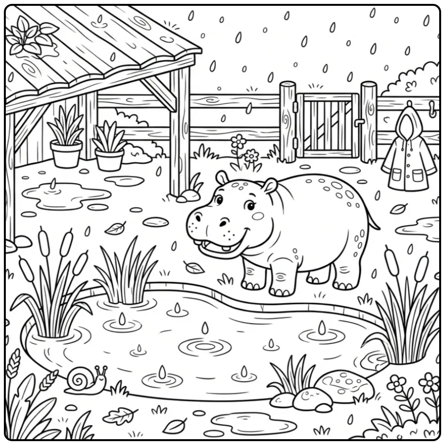 Hippo coloring page featuring a hippo in rain