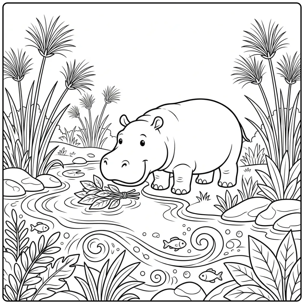 Hippo coloring page showing a hippo among reeds