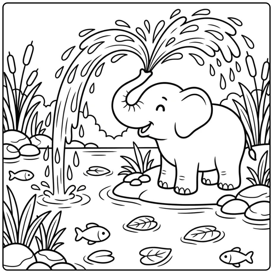 Elephant coloring page by the river spraying water