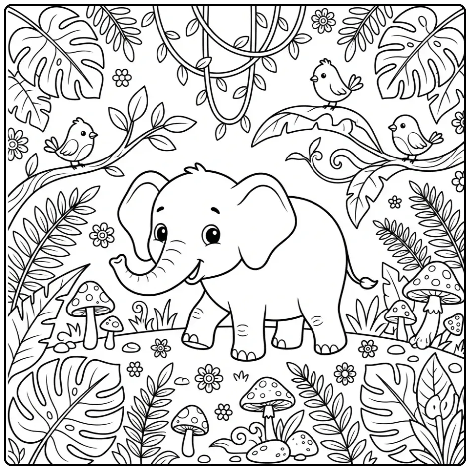 Elephant coloring page in a tropical jungle