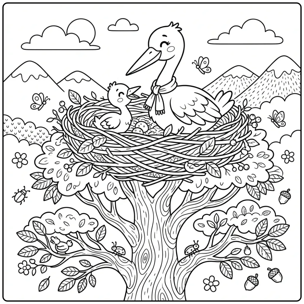 Cheerful Stork with Baby in Nature coloring page