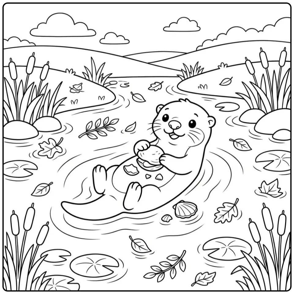 Otter coloring page showing an otter floating with a shell