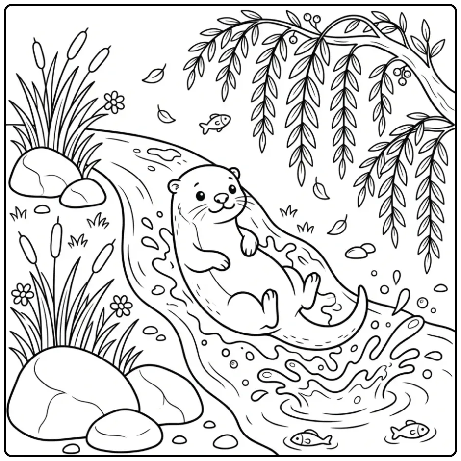 Otter coloring page showing an otter sliding into the water