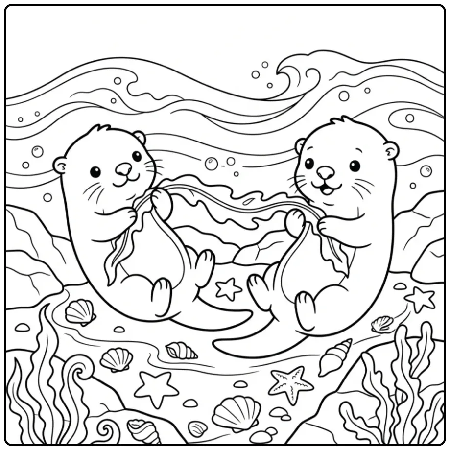 Otter coloring page showing two otters playing with seaweed